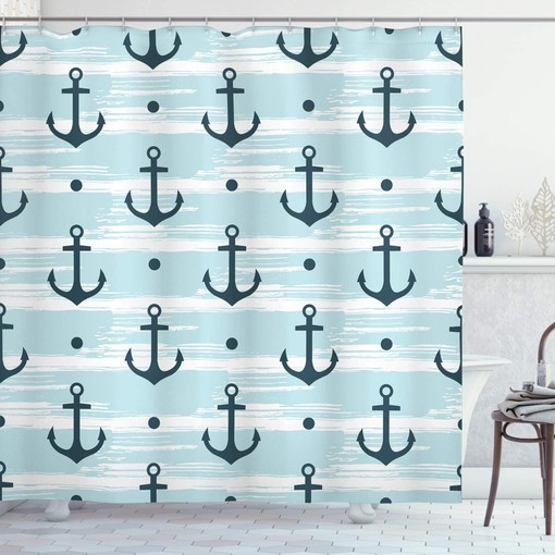 Anchor Shower Curtain, Pattern with Anchors Modern Adventurous Striped Coastline- Home Decor