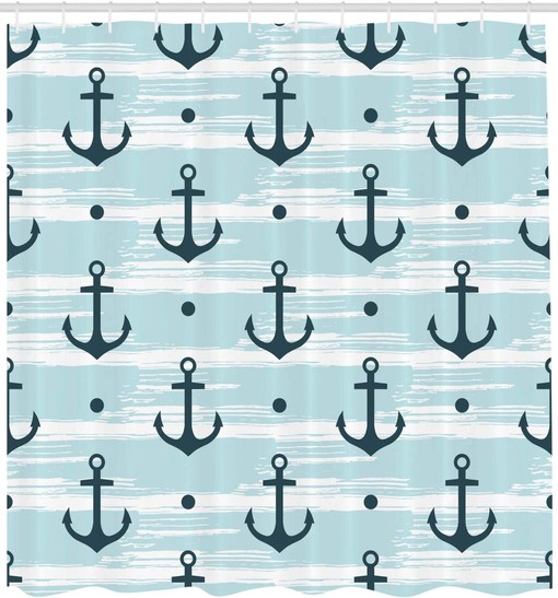 Anchor Shower Curtain, Pattern with Anchors Modern Adventurous Striped Coastline- Home Decor - Image 2