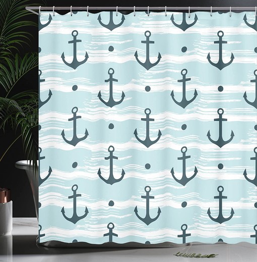 Anchor Shower Curtain, Pattern with Anchors Modern Adventurous Striped Coastline- Home Decor - Image 3