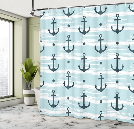 Anchor Shower Curtain, Pattern with Anchors Modern Adventurous Striped Coastline- Home Decor - Image 4
