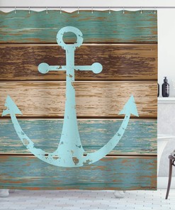 Anchor Shower Curtain, Timeworn Marine on Weathered Wooden Planks Rustic Nautical Theme- Bathroom Curtain