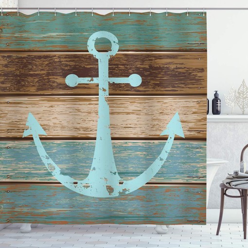 Anchor Shower Curtain, Timeworn Marine on Weathered Wooden Planks Rustic Nautical Theme- Bathroom Curtain
