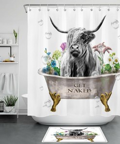 Animal Flower Farmhouse Shower Curtain, Waterproof Bathroom Decor with Highland Cow