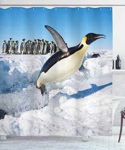 Antarctica Penguin Family Shower Curtain with Wildlife Illustration Bathroom Decor