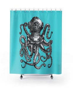 Antique Diving Helmet and Octopus Shower Curtain for Bathroom Decor