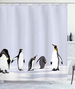 Arctic Penguin Shower Curtain, Winter Climate Creatures Print on Polar ICY Land- Bathroom Decor
