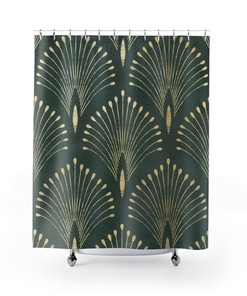 Art Nouveau Abstract Fan Pattern Shower Curtain - Geometric Print Vintage Bathroom Accessory in Forest Green and Gold