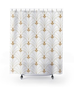 Art Nouveau Fan Pattern Shower Curtain - Geometric Print Chic Modern Bathroom Accessory in White and Gold