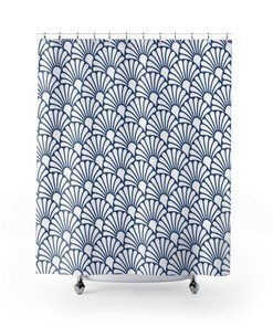 Art Nouveau Fan Pattern Shower Curtain - Geometric Print Vintage Bathroom Accessory in Blue and White