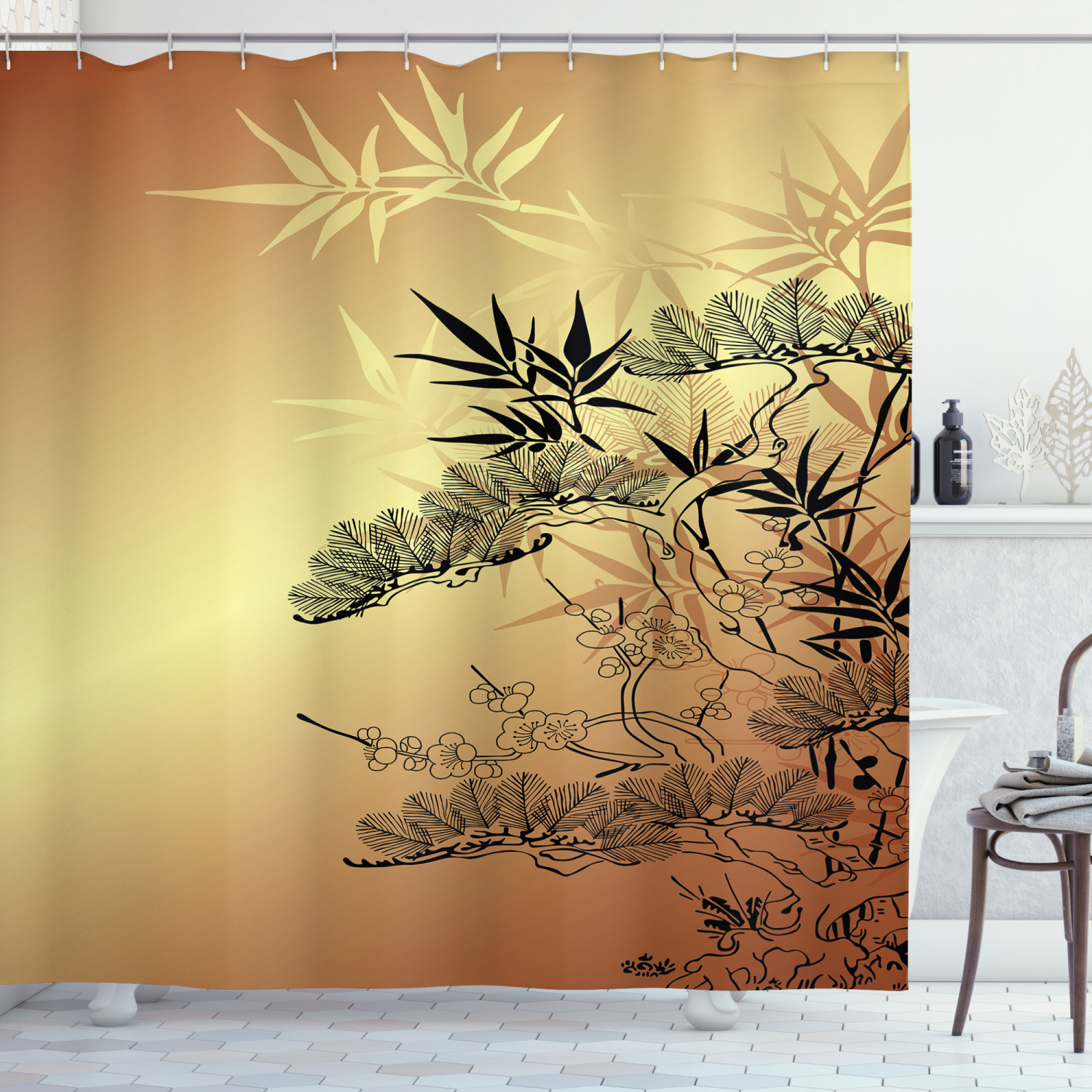 Asian Bamboo Motifs Shower Curtain with Japanese Design for Bathroom