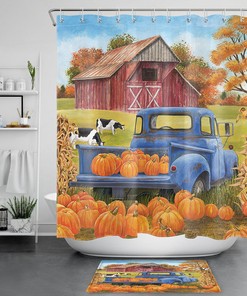 Autumn Farmhouse Sunflower Pumpkins Maple Shower Curtain in Impermeable Fabric - Perfect for Rustic Bathroom Decor