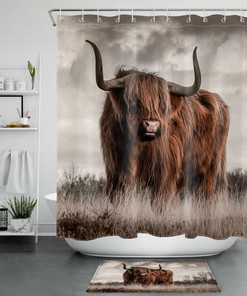 Autumn Meadow Landscape Wildlife Highland Cow Shower Curtain - A Beautiful Nature Scene for Your Bathroom