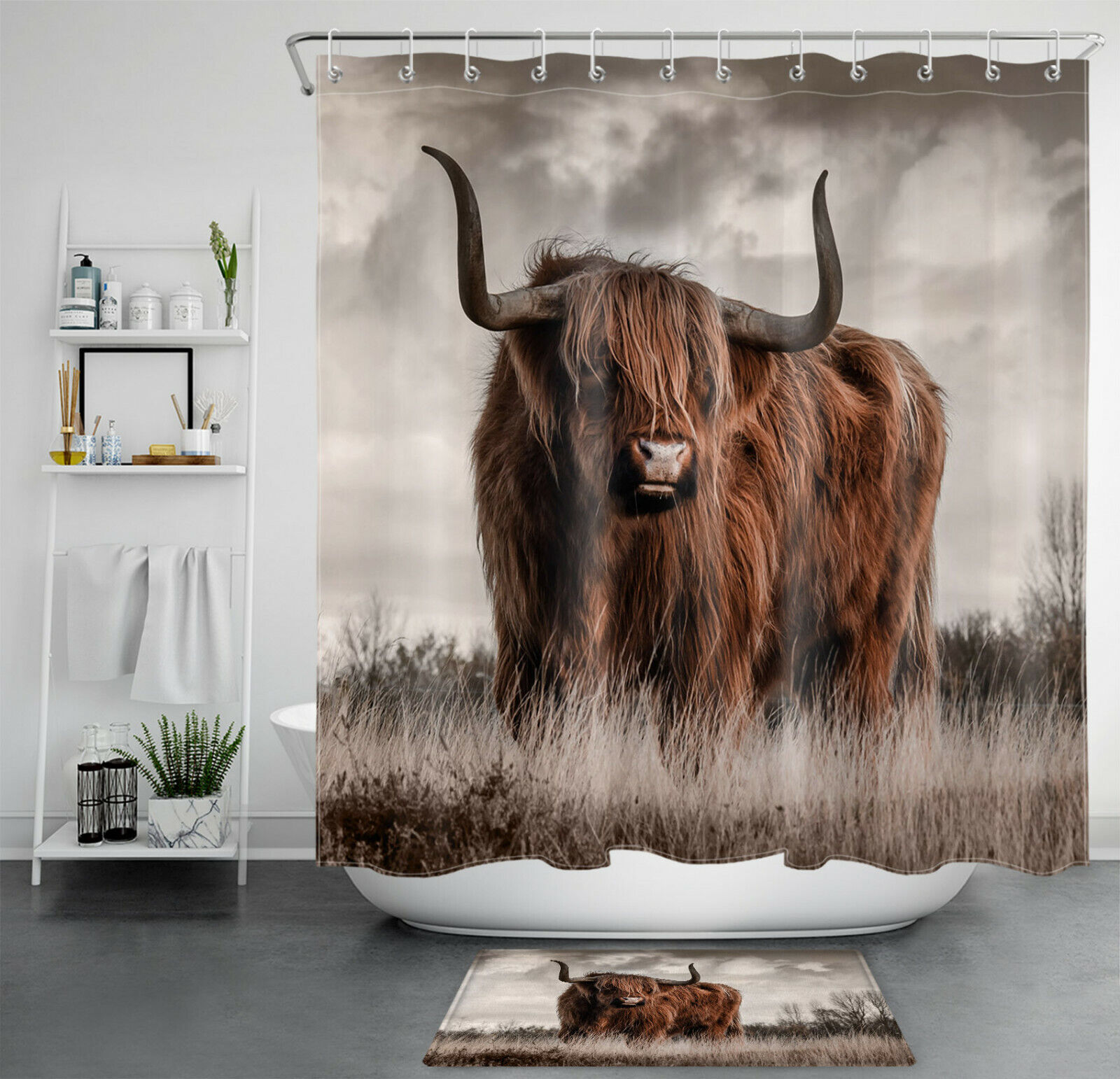Autumn Meadow Landscape Wildlife Highland Cow Shower Curtain - A Beautiful Nature Scene for Your Bathroom