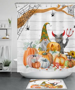 Autumn Pumpkin Gnome Shower Curtain with a Funny Cat Devil for a Whimsical Bathroom Accessory