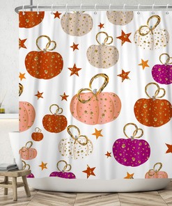 Autumn Pumpkin Shower Curtain Fall Halloween Thanksgiving Harvest Pink Purple Gold Farmhouse Home Bathtubs Bathroom Curtain Decoration