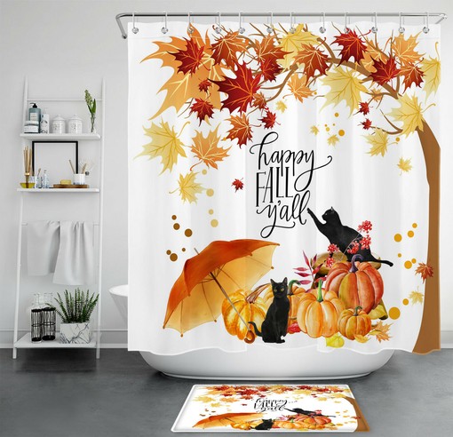 Autumn Shower Curtain with Pumpkins and Maple Leaves for Bathroom Decor