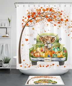 Autumn Watercolor Pumpkin Shower Curtain Maple Leaves Bathroom Accessory