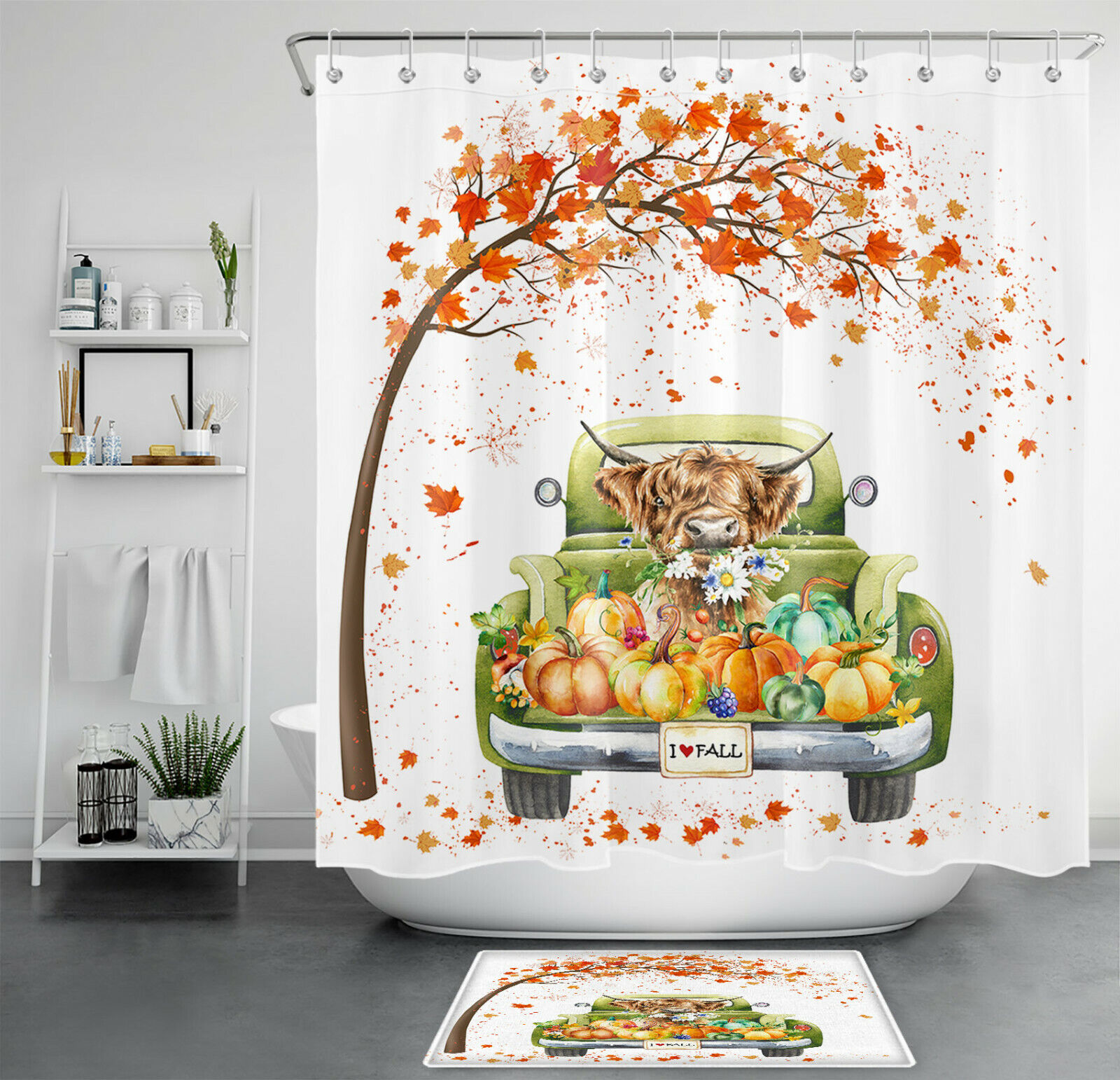 Autumn Watercolor Pumpkin Shower Curtain Maple Leaves Bathroom Accessory