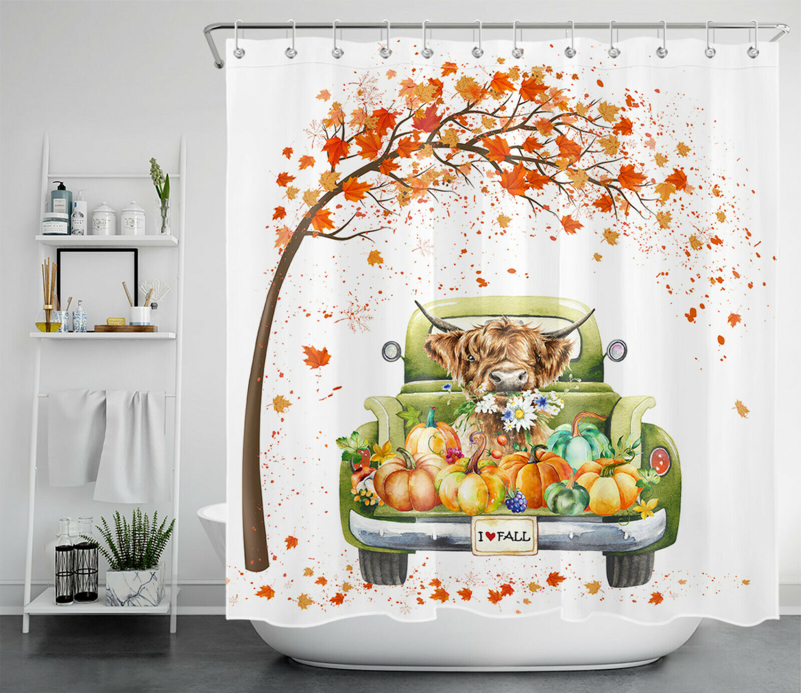 Autumn Watercolor Pumpkin Shower Curtain Maple Leaves Bathroom Accessory - Image 2