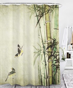 Bamboo Leaves Birds Ink Painting Shower Curtain Bathroom Decor