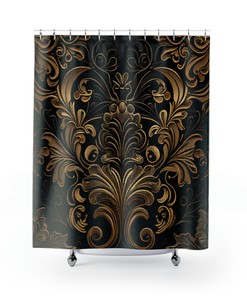 Baroque Floral Shower Curtain - Black and Gold Bathroom Decor with Elegant Design