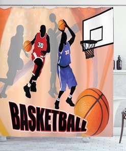 Basketball Action Players Shower Curtain, Classical Poster Style Print Cloth Bathroom Decor in Orange Black