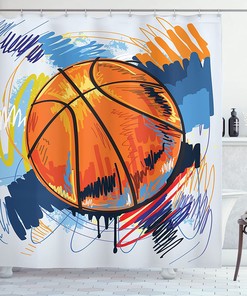 Basketball Player Shower Curtain, Sports Bathroom Decor with Silhouettes Shooting The 3-Pointer Moment