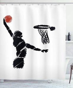 Basketball Shower Curtain, Hand Drawn Basketball Player Jumping Art, Cloth Bathroom Decor W, Cinnamon, Black