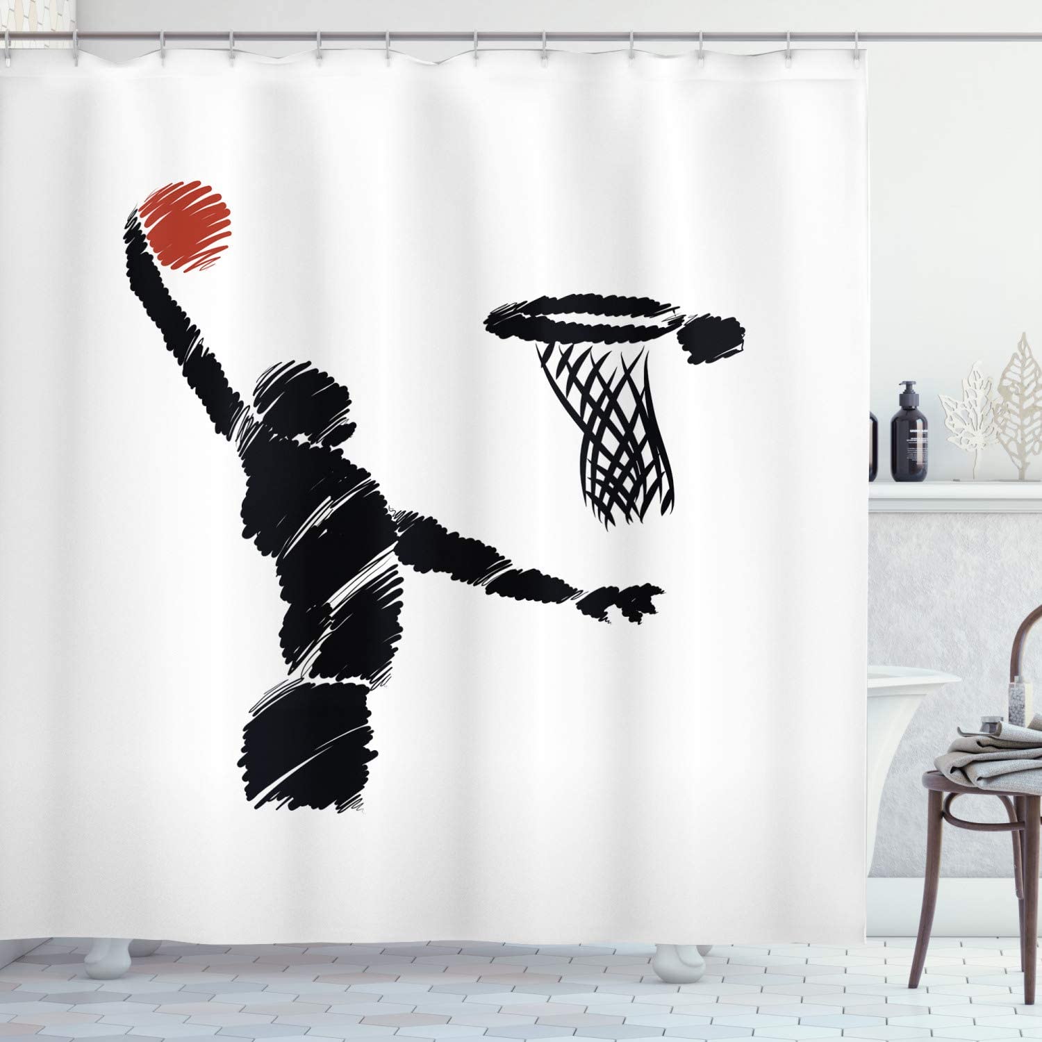 Basketball Shower Curtain, Hand Drawn Basketball Player Jumping Art, Cloth Bathroom Decor W, Cinnamon, Black