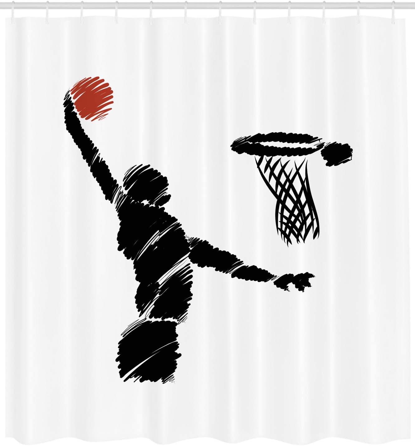 Basketball Shower Curtain, Hand Drawn Basketball Player Jumping Art, Cloth Bathroom Decor W, Cinnamon, Black - Image 2