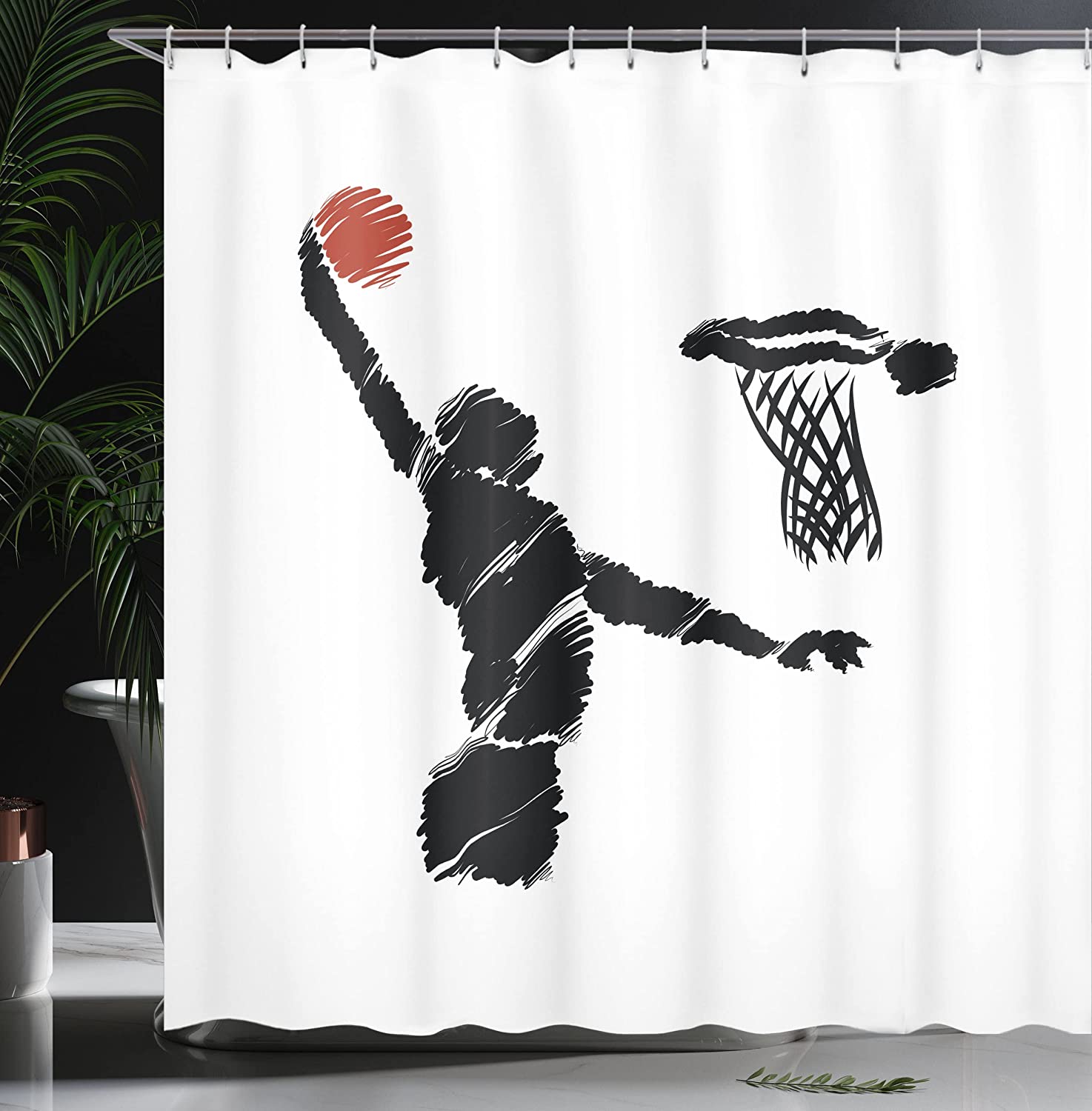 Basketball Shower Curtain, Hand Drawn Basketball Player Jumping Art, Cloth Bathroom Decor W, Cinnamon, Black - Image 3