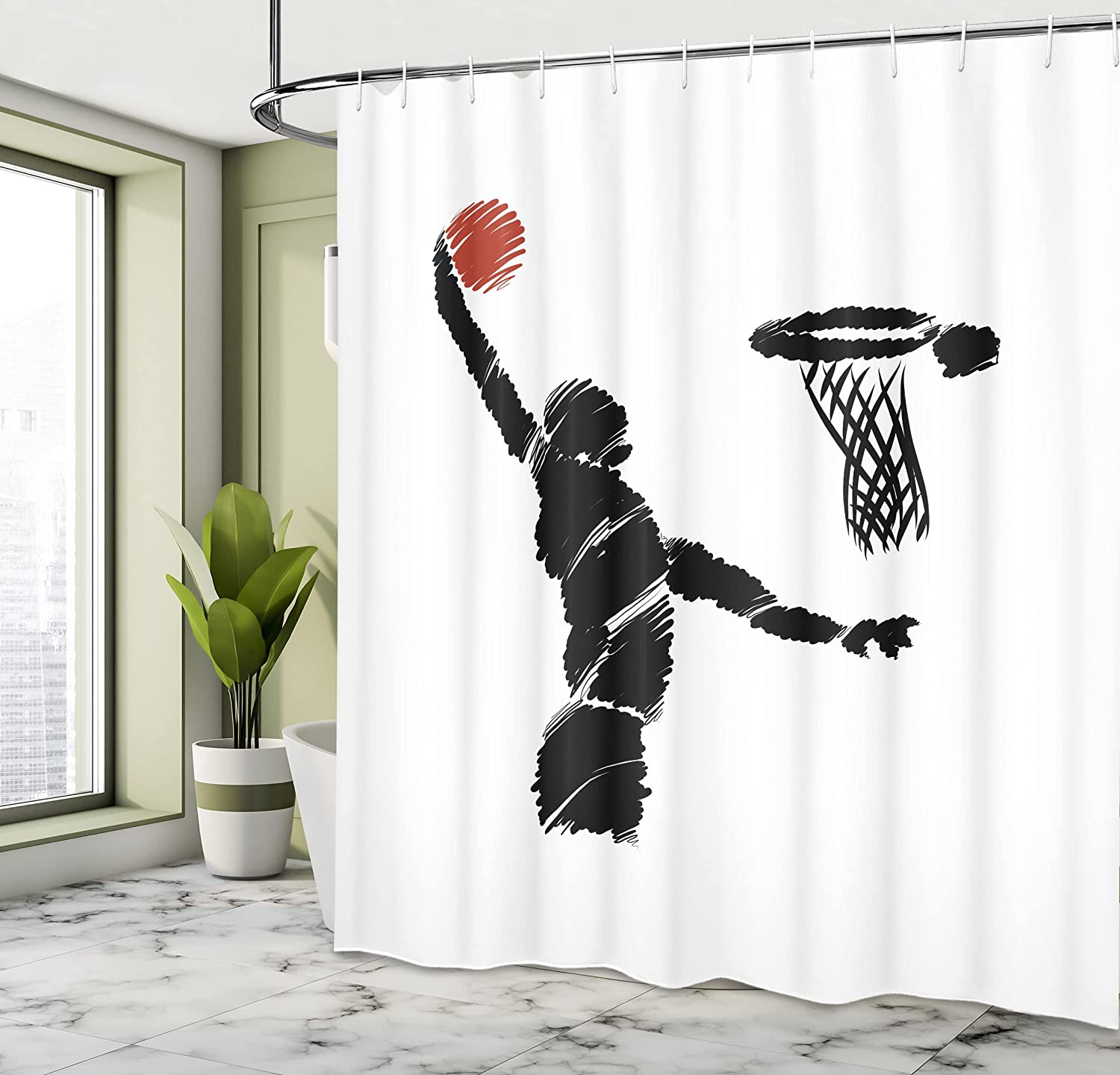 Basketball Shower Curtain, Hand Drawn Basketball Player Jumping Art, Cloth Bathroom Decor W, Cinnamon, Black - Image 4