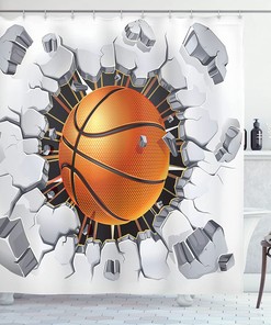 Basketball Sketch Shower Curtain, Sports Bathroom Decor with Colorful Background, Orange Blue Cloth Fabric