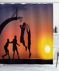 Basketball Sunset Shower Curtain, Boys Playing at Horizon Sky Scenery, Teen Room Decor
