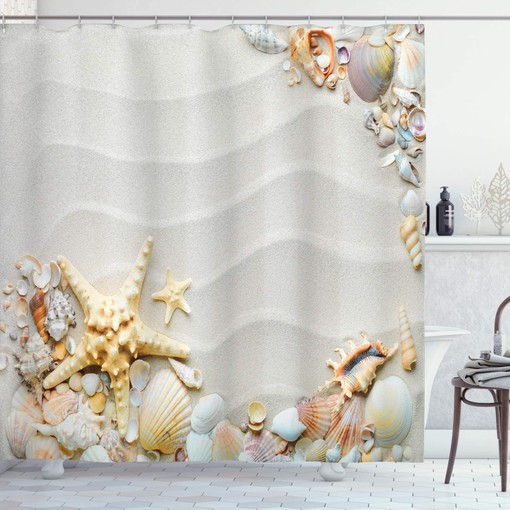 Beachy Seashell Shower Curtain, Colorful Ocean Wildlife Theme with Starfish and Sand, Home Decor