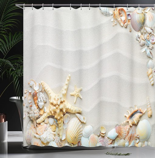 Beachy Seashell Shower Curtain, Colorful Ocean Wildlife Theme with Starfish and Sand, Home Decor - Image 3