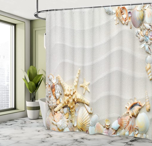 Beachy Seashell Shower Curtain, Colorful Ocean Wildlife Theme with Starfish and Sand, Home Decor - Image 4