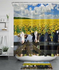 Beautiful Farmhouse Shower Curtain with Golden Sunflower Field Design