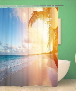Beautiful Sunrise Over The Tropical Beach Shower Curtain - Caribbean Hawaii Cancun Bathroom Decor