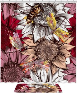 Bee, Dragonfly and Flowers Shower Curtain for Bathroom Decor