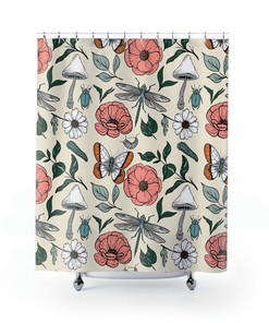 Beige Retro Floral Boho Mushroom Shower Curtain for Cottagecore Decor