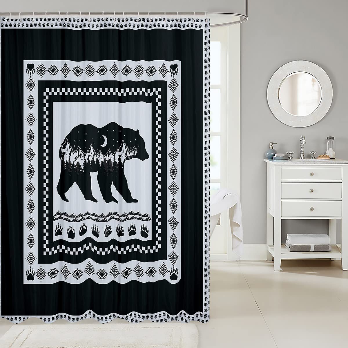 Black Bear Shower Curtain with Moon and Mountain Design Craigshirt