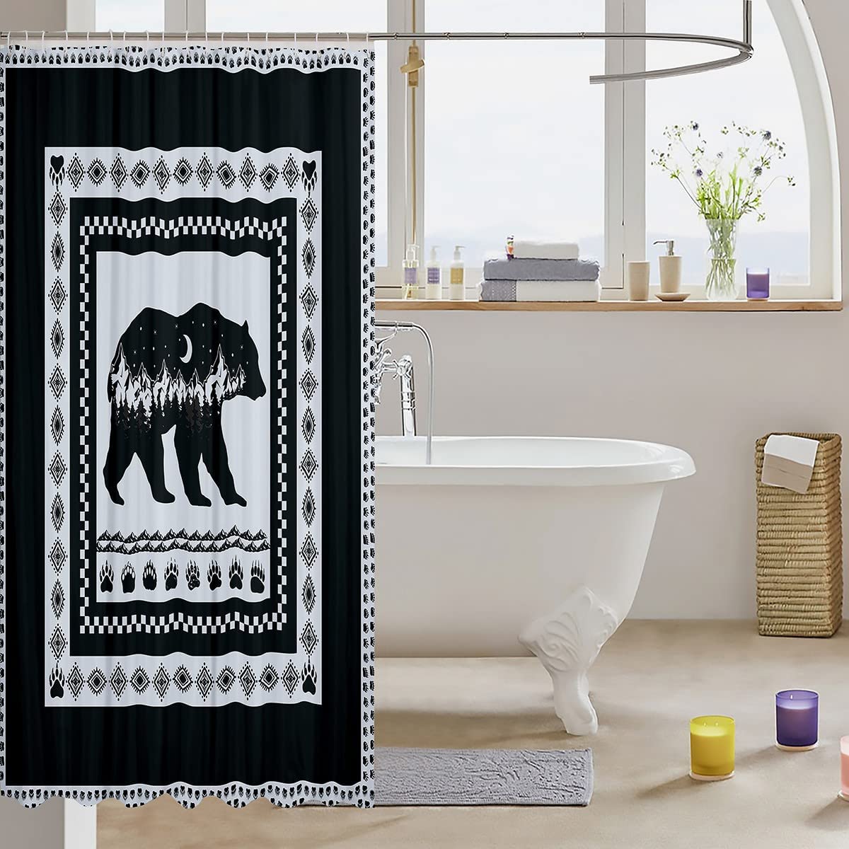 Black Bear Shower Curtain with Moon and Mountain Design Craigshirt