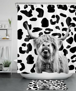 Black Cow Print Background Shower Curtain, Highland Cow Bathroom Accessory