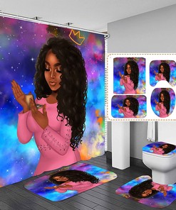 Black Girl Bathroom Decor Set with Fabric Shower Curtain and Accessories