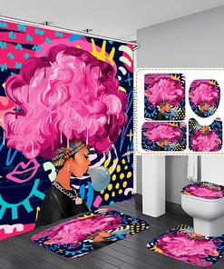 Black Girl Red Bathroom Shower Curtain Set with African American Woman