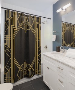 Black and Gold Art Deco Style Shower Curtain - Geometrical Bathroom Decor for Modern Great Gatsby Theme