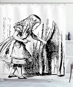 Black and White Alice Hidden Door Adventure Shower Curtain, Classic Bathroom Decor