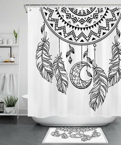 Black and White Boho Dreamcatcher Dragonfly Shower Curtain for Chic Bathroom Decor