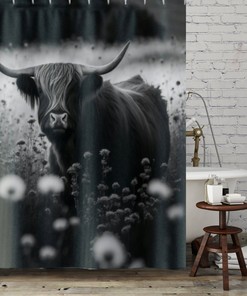 Black and White Highland Cow Shower Curtain, Rustic Farmhouse Bathroom Decor